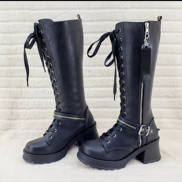 Bratty Block Heel Lace Up Punk Goth Biker Knee Boots - Picture 4 of 15